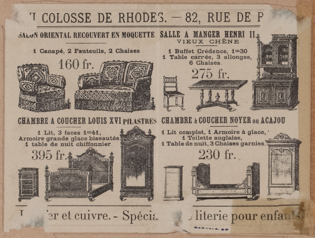 Anzeige für ein Möbelgeschäft mit Bildern einer Couch, eines Stuhls und eines Tisches mit begleitendem Text.