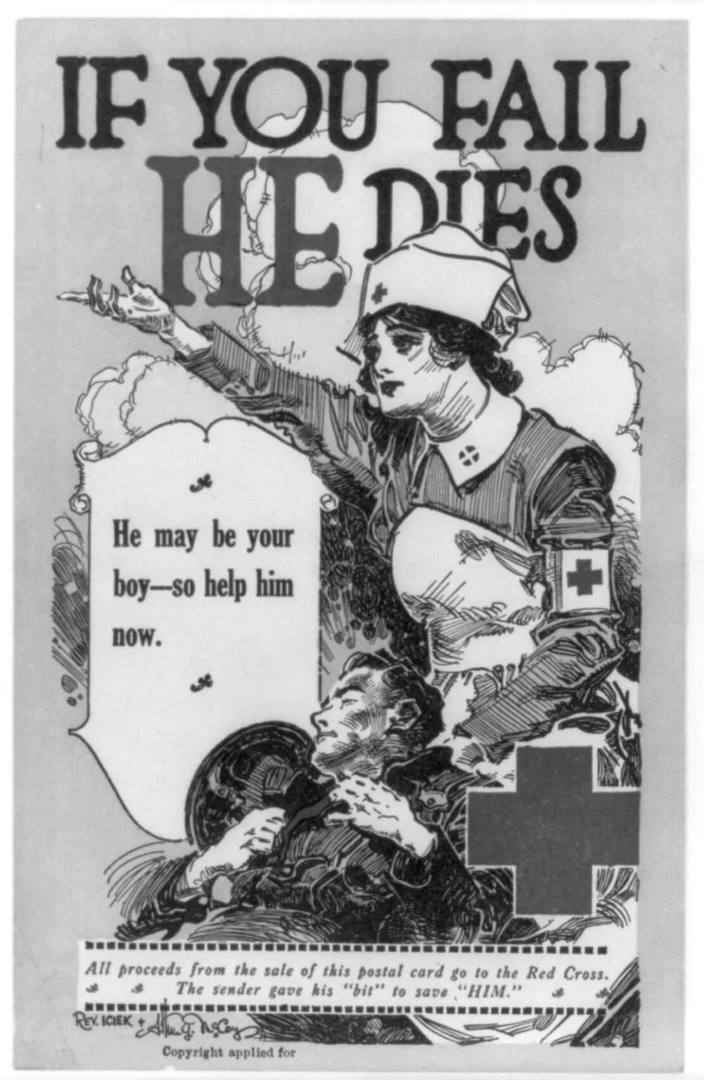 Schwarzes und weißes Plakat mit einer entschlossenen Frau und einem besorgten Mann, das den Text "Wenn du scheiterst, stirbt er, er könnte dein Junge sein - hilf ihm jetzt." zeigt