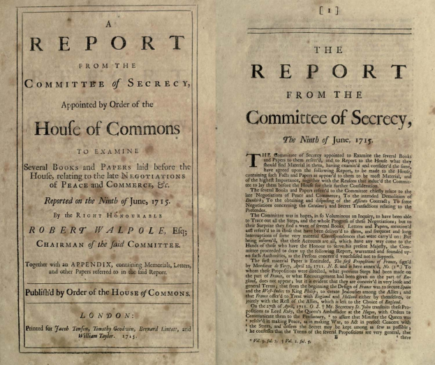 Ein aufgeschlagenes Buch mit dem Titel "Der Bericht des Geheimausschusses, ernannt durch Beschluss des House of Commons" auf dem Cover.