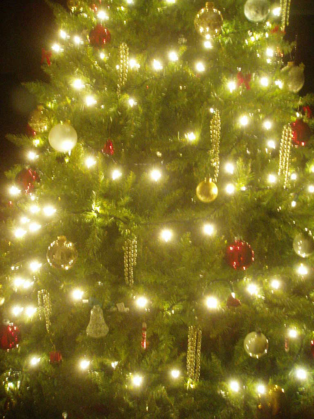 Ein Weihnachtsbaum mit Lichtern, Kugeln und verschiedenen Schmuckst√ľcken.
