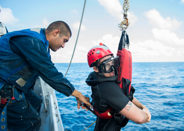 Zwei Männer auf einem Boot im Meer, einer trägt ein blaues Kleid und einen roten Helm, der andere hält ein Seil, mit einem blauen und weißen Himmel und tiefblauem Wasser.