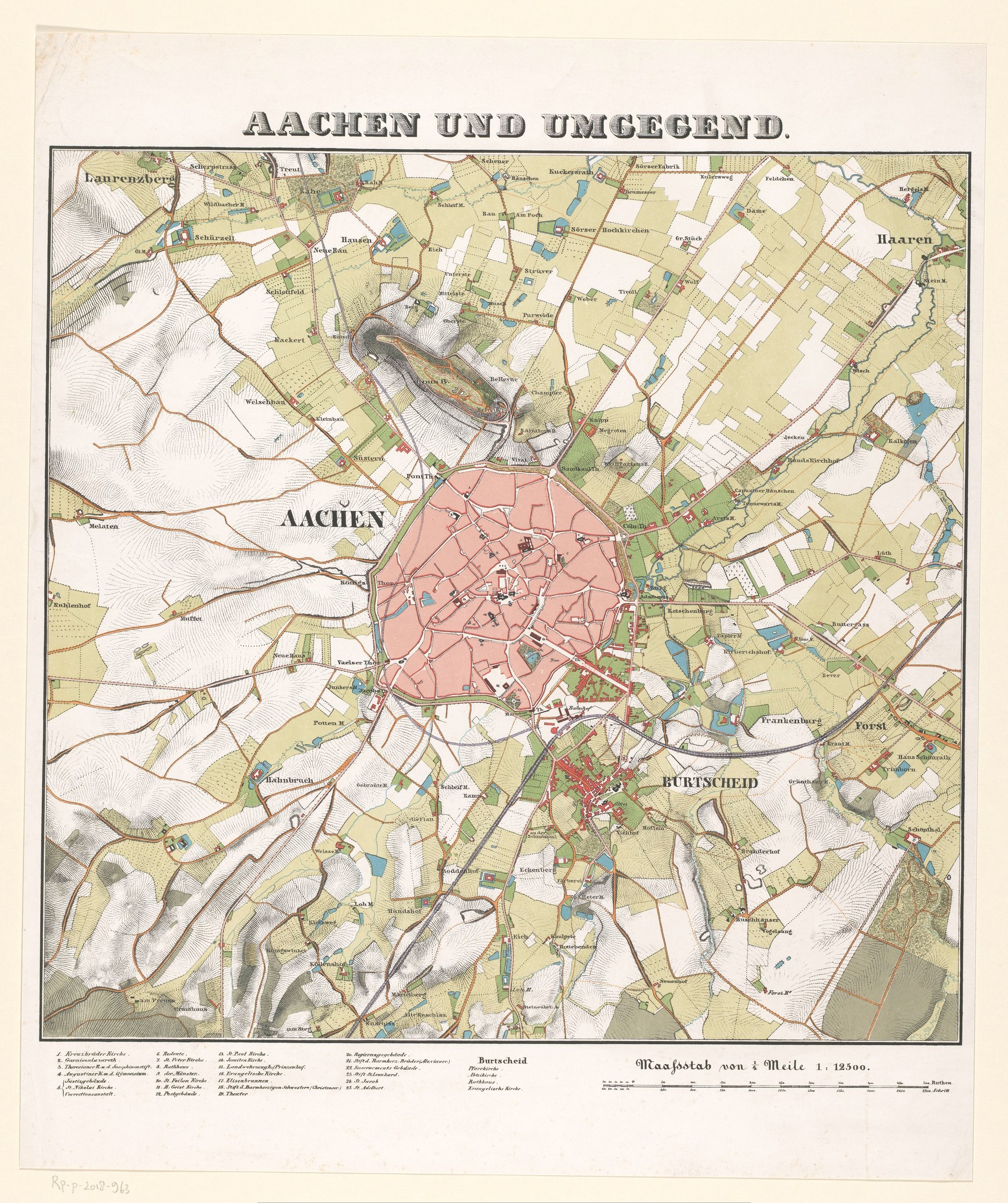 Detailierte alte Karte von Aachen, Deutschland, mit Text oben und unten, die Straßen, Gebäude und Sehenswürdigkeiten zeigt.