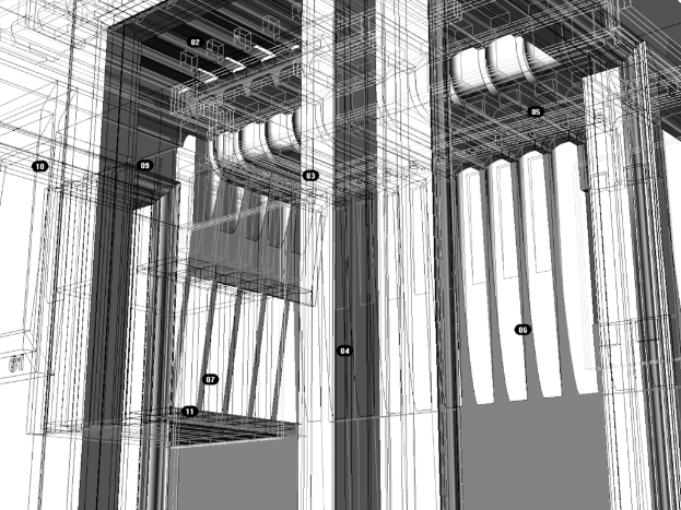 Eine Schwarz-Weiß-Digitalkunst-Darstellung eines Gebäudes architectural design.