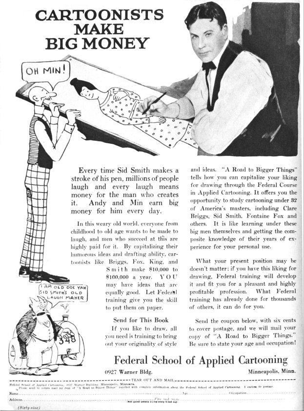 Anzeige für die Bundesakademie für angewendete Karikatur, die einen Mann im Smoking zeigt, der zwischen einer Frau im Kleid und einem anderen Mann steht, mit der Aufschrift "Karikaturisten verdienen viel Geld."