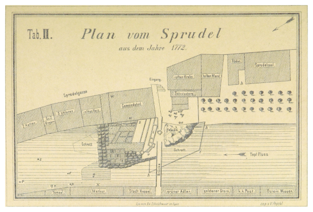 Ein Plakat mit einem detaillierten Stadtplan von Spruidel, Deutschland, begleitet von beschreibendem Text.