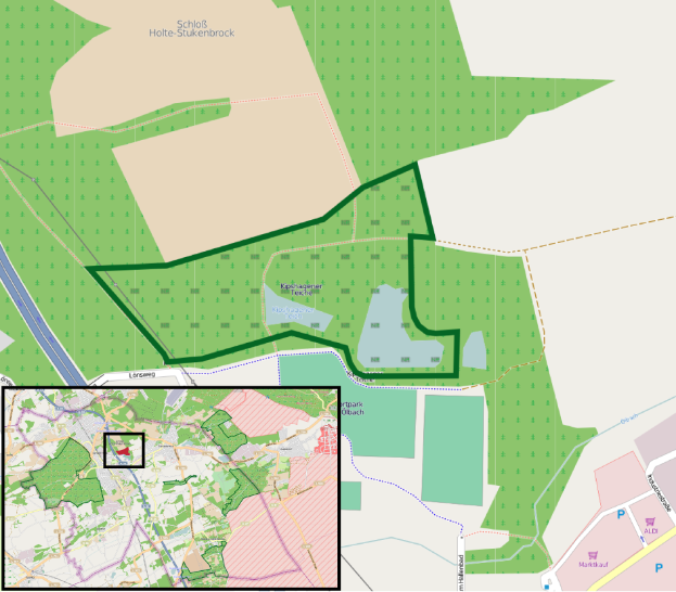 Eine Karte einer Stadt mit einem grünen Bereich in der Mitte, der einen geplanten Standort zeigt, mit Grenzen von Gebäuden, Straßen und anderen städtischen Merkmalen.