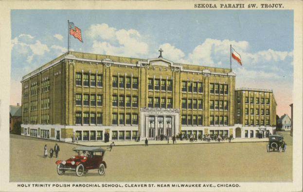 Plakat für die Heilige Dreifaltigkeit Polnische Pfarrschule in Cleveland, Ohio, das ein Gebäude mit Fenstern, Menschen, Fahrzeugen, Flaggen und Text zeigt.