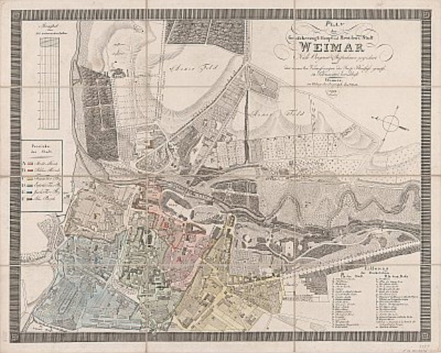 Ein detaillierter alter Stadtplan von Weimar, Deutschland, der Straßen, Gebäude und Sehenswürdigkeiten zeigt, mit begleitendem Text, der Informationen über die Bevölkerung, Sehenswürdigkeiten und Straßen der Stadt enthält.