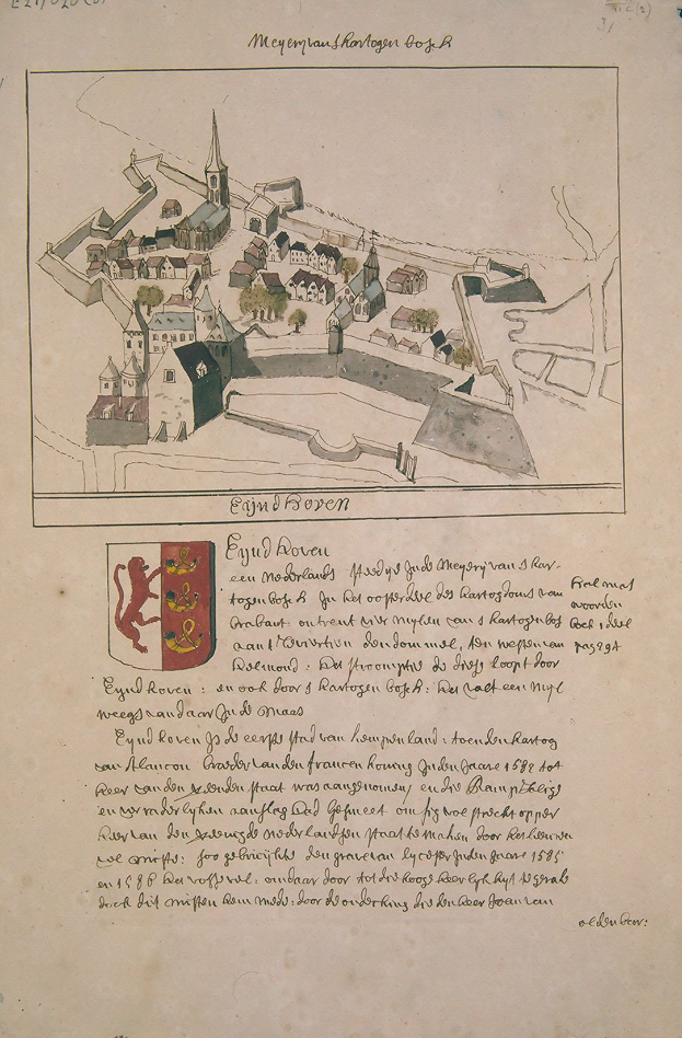 Altes Buch mit einer handgezeichneten Stadtillustration auf dem Cover, einschließlich Gebäuden und einem Logo, begleitet von beschreibendem Text.