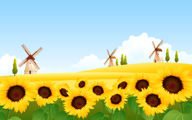 Eine animierte Abbildung, die einen Himmel mit Wolken oben, drei Windräder und einige Bäume in der Mitte und eine Gruppe von Pflanzen mit vielen Sonnenblumen unten zeigt.