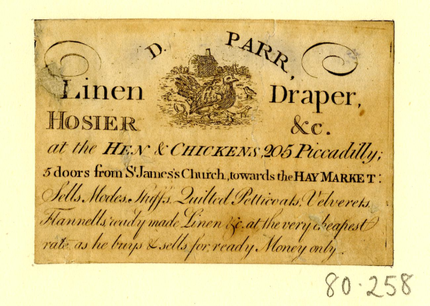 Alte Visitenkarte mit realistischem Bild eines Huhns mit Federn und Schnabel, begleitet von Text.