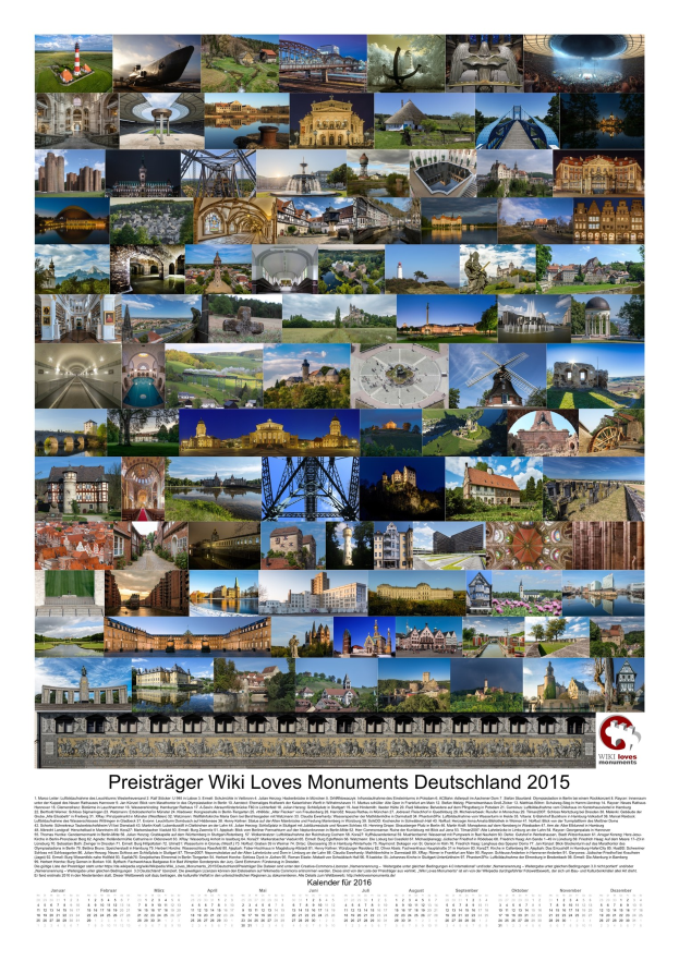 Ein deutscher Kalender aus dem Jahr 2015 namens "Preisträger Wiki Loves Monuments Deutschland 2015", der ein Collage von Monument-Fotos zeigt.