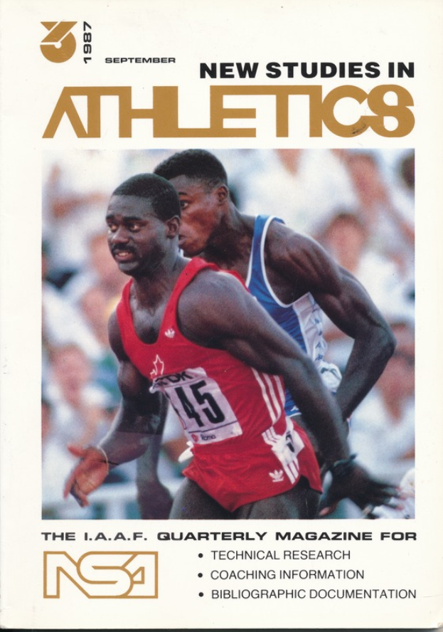 Ein Buch mit dem Titel "New Studies in Athletics September 1987" mit einem Coverbild von zwei Personen.