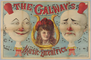 Ein Plakat für die Musik-Exzentriker von Galway, das eine Frau in der Mitte umgeben von zwei Clowns zeigt, mit Texten, die das Zirkusprogramm beschreiben.
