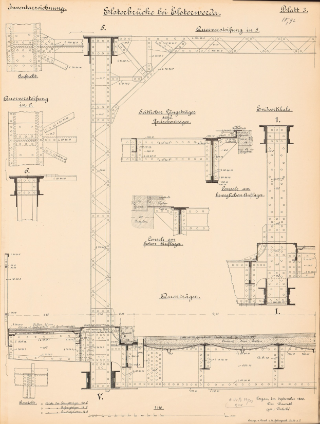 Schwarz-weiß-Illustration einer Brücke im Bau auf einer Seite mit detaillierten Architekturplänen und Text.