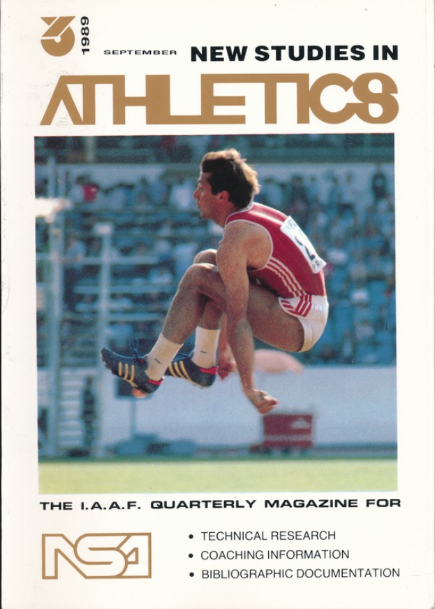 Ein Buchumschlag mit einem Mann in der Luft, betitelt mit "Neue Studien zur Leichtathletik September 1989".