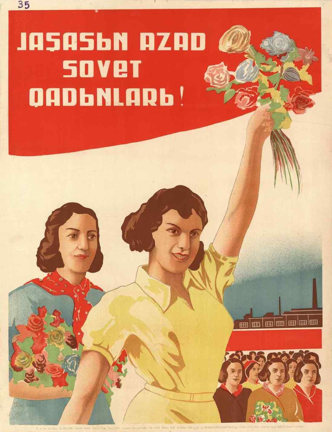 Sowjetisches Propagandaplakat zum Internationalen Frauentag, das eine Frau mit einem Blumenstrauß in der Hand zeigt, umgeben von Menschen und einem Gebäude, mit der Aufschrift "Frauentag".