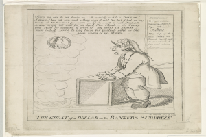 Eine Zeichnung einer Person, die vor einer Kiste steht und ängstlich nach oben schaut, mit der Aufschrift "The Ghost of a Dollar or the Bankers Surprize" darüber.