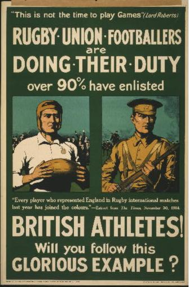 Ein Vintage-Plakat mit zwei Rugby-Union-Fußballern, das ihre Einberufung ankündigt und darauf hinweist, dass über 90 % der britischen Athleten eingezogen sind.