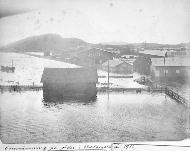 Schwarzes und weißes Foto der Überschwemmungsschäden von 1911 in St. Petersburg, das Häuser, Strommasten und Boote zeigt, die teilweise im Wasser versunken sind, mit Hügeln und einem klaren Himmel im Hintergrund.