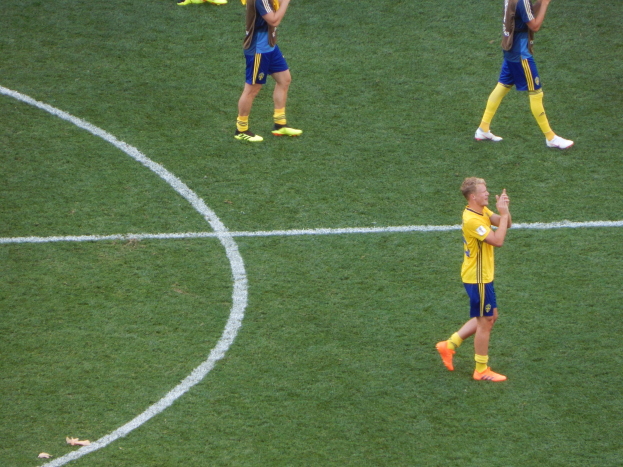 Eine Gruppe von Männern in Fußballtrikots klatscht feiernd auf einem Fußballfeld.
