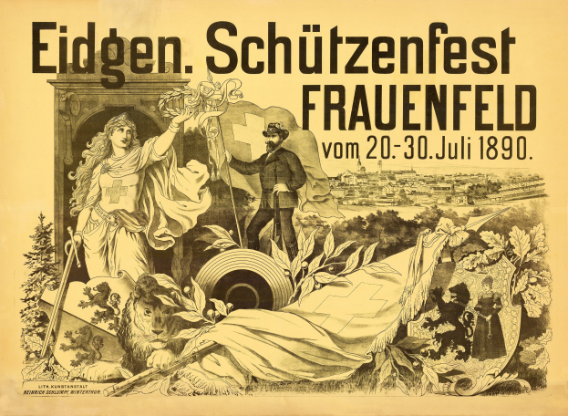 Plakat für das Eidgenössische Schützenfest in Frauenfeld, Deutschland, das einen Mann in einem Anzug und eine Frau in einem Kleid mit Textdetails zeigt.