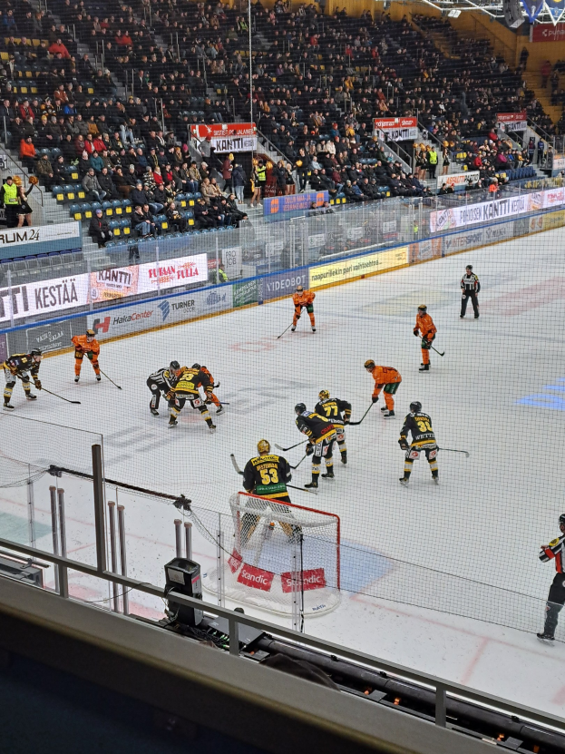 Gruppe von Menschen, die Hockey auf einer Indoor-Eisfläche mit einem Netz spielen, umgeben von einem Zaun, unter Stadionbeleuchtung, mit Zuschauern im Hintergrund und sichtbaren Bannern.