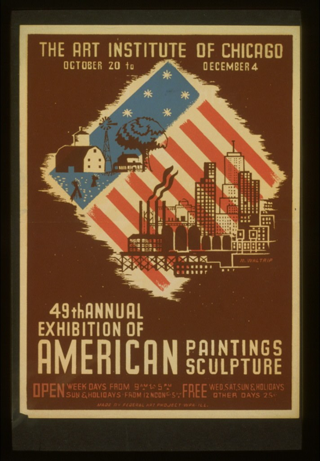 Plakat für die 49. Jahresausstellung der Amerikanischen Malerei und Skulptur im Art Institute of Chicago mit Text und zugehörigen Bildern.