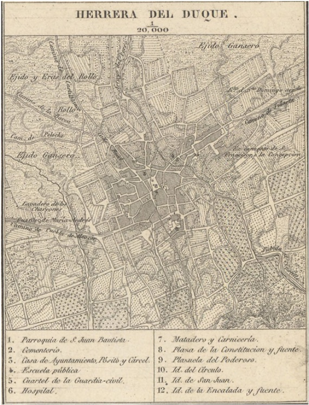 Ein detaillierter alter Stadtplan von Herrera del Duque, der Straßen, Gebäude und Sehenswürdigkeiten zeigt, mit Text oben und unten auf dem Papier.