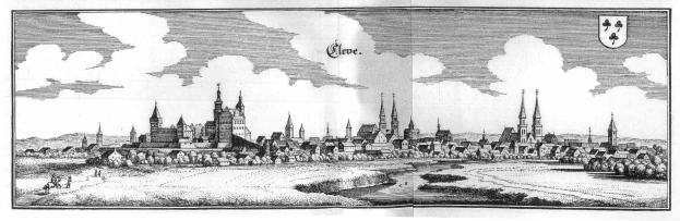 Eine schwarz-weiße Zeichnung einer Stadt mit einer Burg im Hintergrund, umgeben von Bäumen, Wasser und Wolken am Himmel, mit dem Text "Köln, Deutschland" unten.