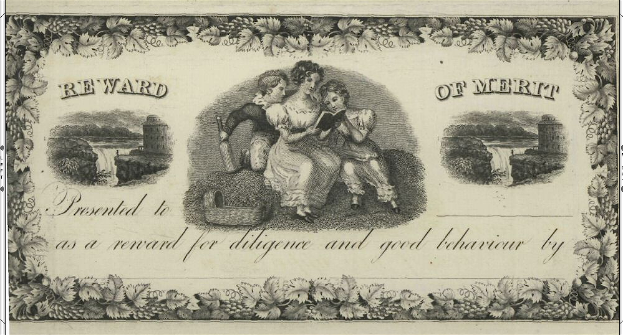 Verdienstordenurkunde mit einer Illustration eines Mannes und einer Frau auf einer Bank in einer natürlichen Umgebung mit einem Korb, Pflanzen, Bäumen und Wasser sowie gedrucktem Text.