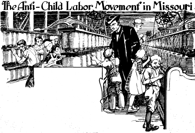 Ein Plakat, das die Anti-Kinderarbeit-Bewegung in Missouri zeigt, mit einer Gruppe von Menschen in traditioneller Kleidung, einige stehend und einige sitzend, mit besorgten Gesichtern und Text oben und unten, der besagt: "Die Anti-Kinderarbeit-Bewegung in Missouri."