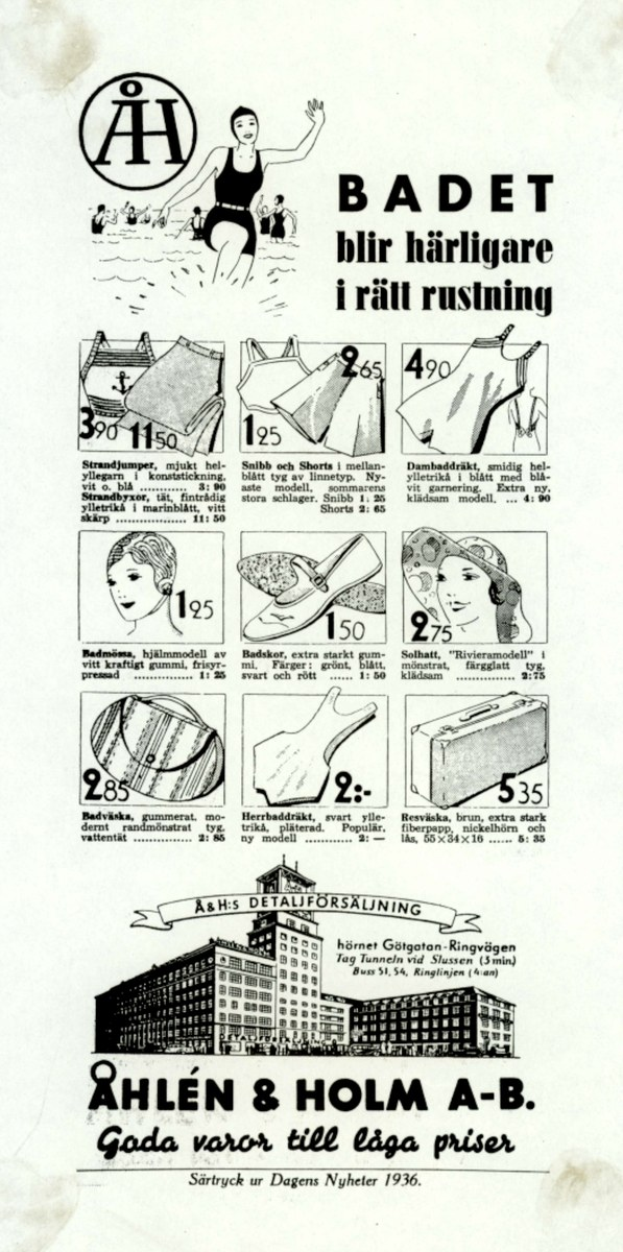 Eine Frau in einem weißen Bikini mit blauen und weißen Streifen posiert in einer Werbung, ihr Pferdeschwanz ist zurückgebunden und ihr Blick ist auf den Betrachter gerichtet, umgeben von Bildern von Menschen, Gebäuden und fettem Text.