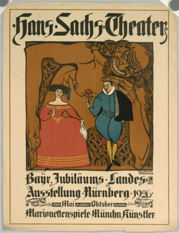 Ein Plakat für das Hans-Sachs-Theater in München, Deutschland, das einen Mann im Anzug und eine Frau in einem Kleid zeigt, die nebeneinander vor einem tiefblauen Hintergrund mit funkelnden Sternen stehen.
