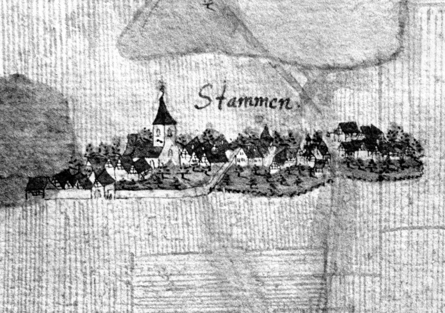 Eine Schwarz-Weiß-Zeichnung einer kleinen Stadt namens Stammen, Deutschland, mit einer zentralen Kirche umgeben von Häusern und Bäumen.