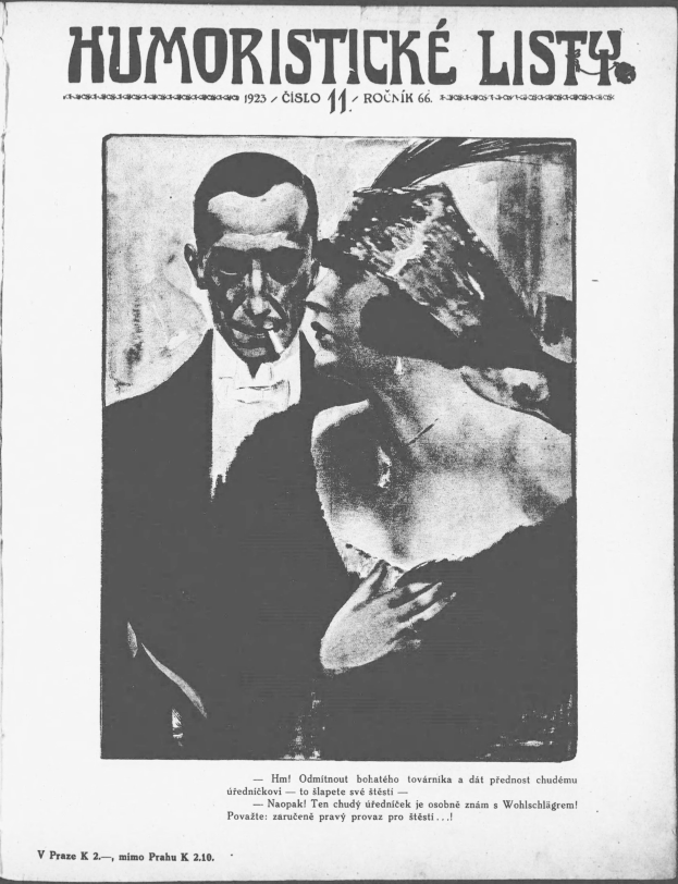 Schwarz-weißes Magazin-Cover mit der Aufschrift 'Humoristische Liste', das einen Mann in einem Anzug mit ernster Miene und eine Frau zeigt, die verschmitzt in eine andere Richtung schaut.