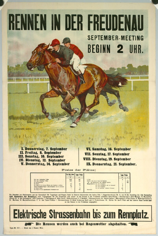 Ein Plakat, das ein Pferderennen in Deutschland ankündigt, zeigt zwei Reiter im Vordergrund mit Bäumen im Hintergrund und Textinformationen zum Rennen.
