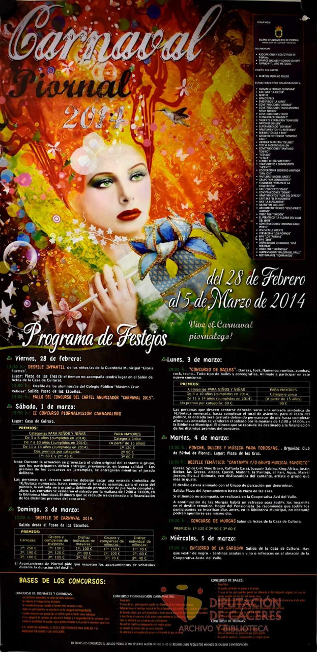 Plakat für das Karnevalsfest 2014 mit einer Frau in einem bunten Kleid, die strahlend in der Mitte steht, umgeben von fettem schwarzem Text auf einem lebhaften gelben Hintergrund.