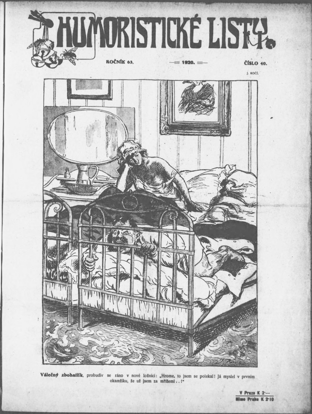 Schwarze und weiße Illustration einer Person, die auf einem Bett liegt, mit einem Spiegel auf dem Nachttisch und einem Rahmen an der Wand, begleitet von Text, der "humoristicke list - tschechien - april 20, 1920" oben und unten zeigt.