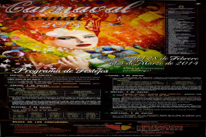 Eine Frau in einem bunten Kleid, die lächlt, umgeben von der Schrift "Carnaval Festival 2014" in fetter schwarzer Schrift auf einem leuchtend gelben Hintergrund.