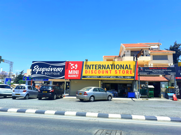 Ein internationaler Discounter an einer Straßenecke mit verschiedenen Gebäuden, Fahrzeugen, Verkehrszeichen, Straßenlaternen und Bäumen unter einem klaren blauen Himmel.