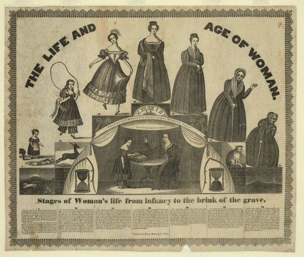 Eine farbenfrohe Papierreproduktion, die die Lebensphasen von Frauen von der Kindheit bis ins hohe Alter zeigt, mit fetter Schrift und detailreichen Elementen.