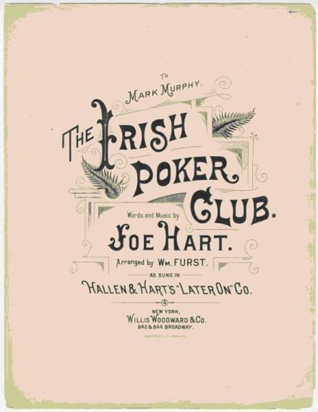Ein gerahmtes Poster mit 'The Irish Poker Club' in fetter schwarzer Schrift auf einem weißen Hintergrund, umrandet von einer schmalen schwarzen Linie und mit einer bunten Kleeblatt-Illustration.
