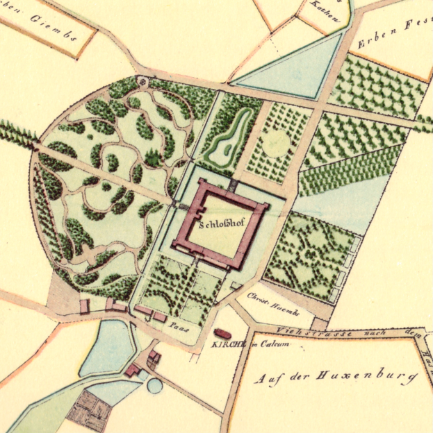 Ein altes Stadtplan von Hamburg, Deutschland, mit Bäumen, Pflanzen und einem zentralen Gebäude sowie beschreibendem Text.