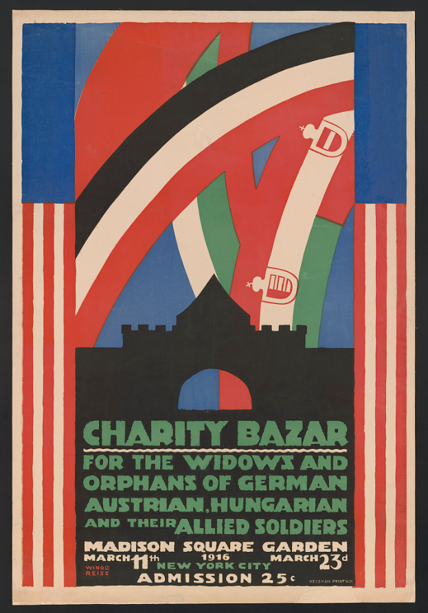 Ein Plakat für einen Wohltätigkeitsbasar, der die Witwen und Waisen von Soldaten verschiedener Nationen unterstützt, mit Textdetails zum Event.
