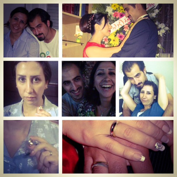 Eine Collage von Fotos, die einen Mann und eine Frau mit Eheringen zeigen, umgeben von Blumenarrangements und Dekorationsgegenständen.