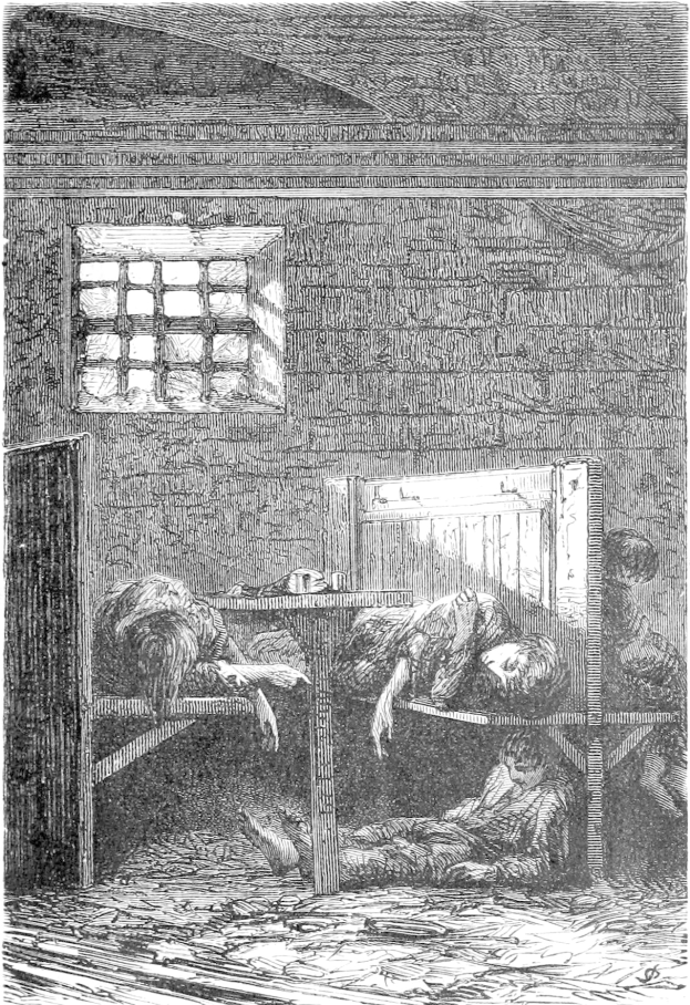 Schwarz-weiß-Illustration von mehreren Menschen, die in einem spartanischen Gefängniszimmer schlafen oder ruhen, mit einem Fenster und einer Wand im Hintergrund, einige scheinen beunruhigt zu sein.