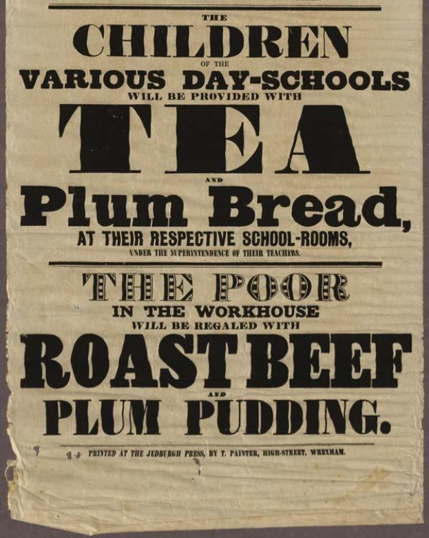 Ein Blatt Papier mit der Aufschrift "Die Kinder der verschiedenen Tagesschulen werden mit Tee, Pflaumenbrot und Rinderbraten und Pflaumenpudding versorgt"