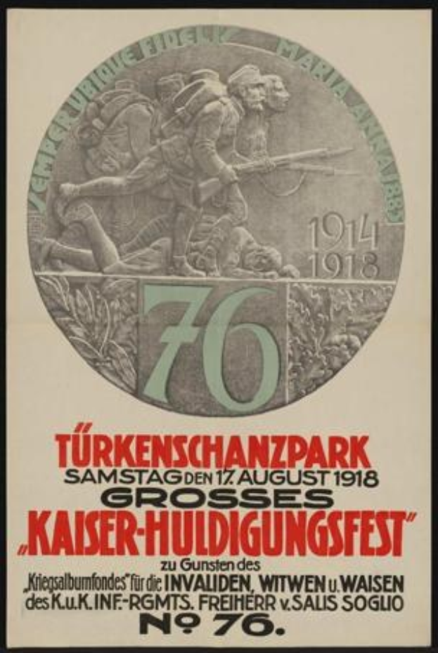 Plakat zum 70-jährigen Jubiläum des Kaiser-Huldigungsfests in Berlin, Deutschland, das eine Gruppe von Menschen mit Text und Zahlen in einem Rahmen zeigt.