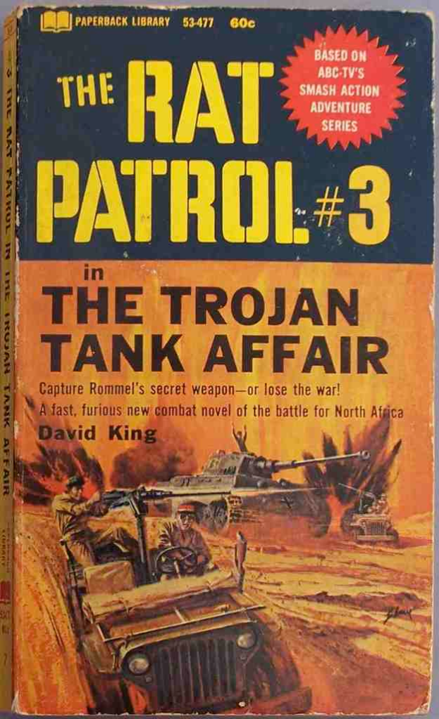 Ein Buchumschlag mit Armee-Panzern und Jeeps in einer Kriegs Szenerie mit Text darüber.